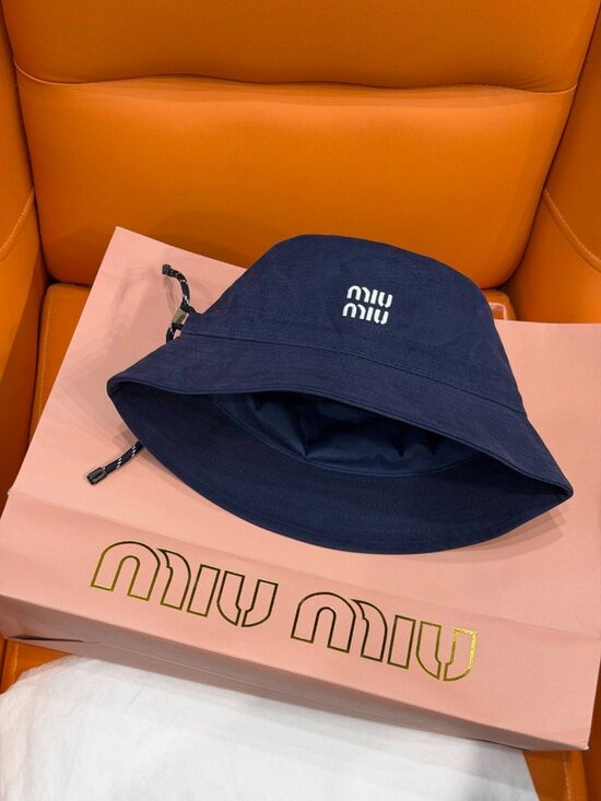 Miu Miu Navy Blue Logo Embroidered Bucket Hat with Drawstring main image 8